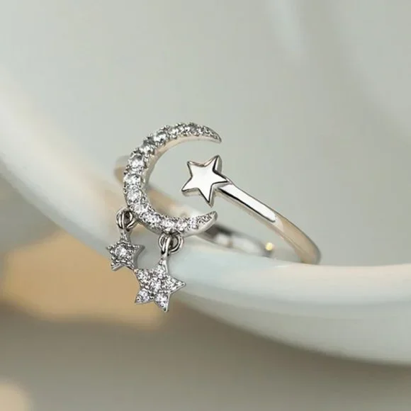 925 Sterling Silver Dangle Moon & Star Ring Minimalist Dainty Celestial … - Picture 4 of 7